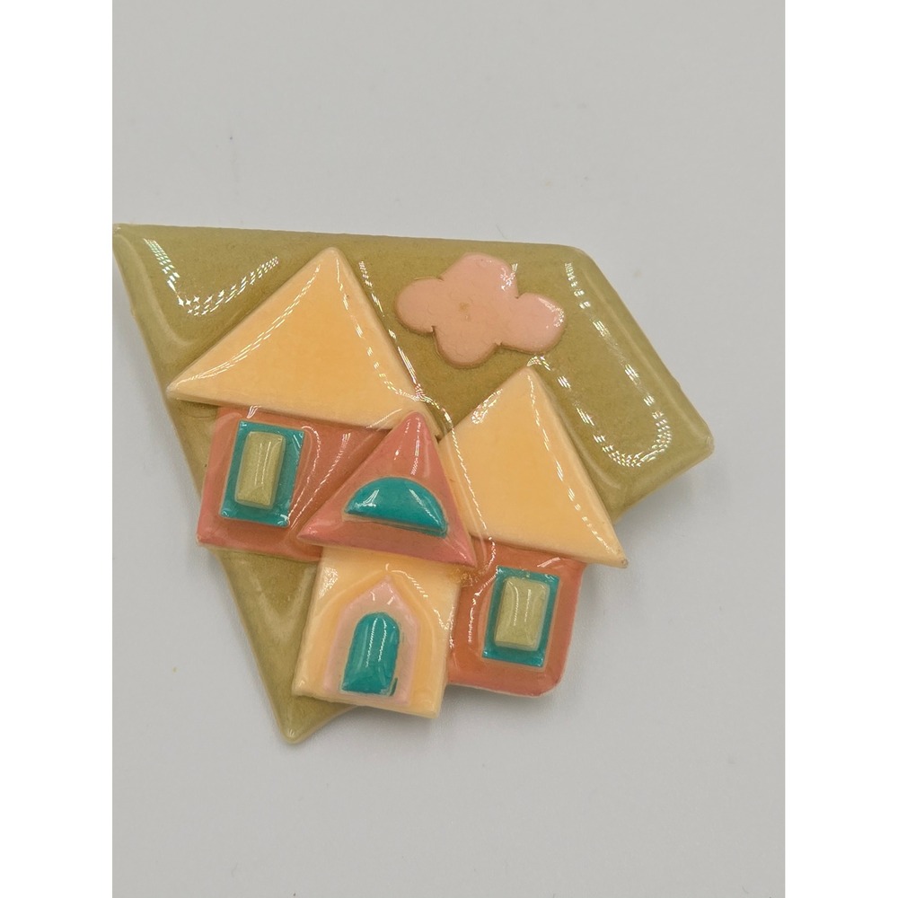 Vintage Lucinda House Pins Brooch Pastel Art Deco Style Folk Art Resin Pin